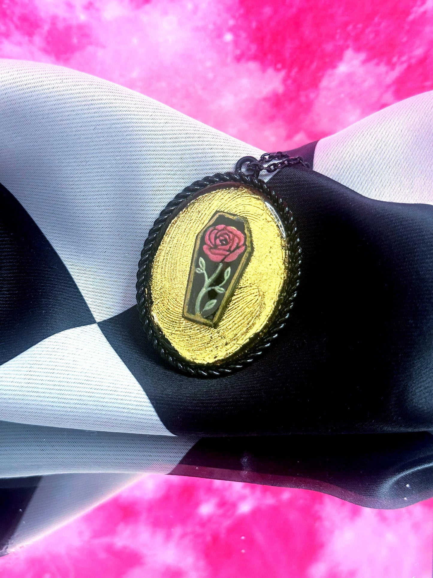 Coffin Rose Necklace — Gothic Relic Pendant, Gold Leaf and Hand Painted Wearable Art, One of a Kind Dark Romance Jewelry