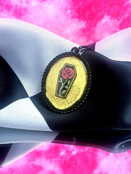 Coffin Rose Necklace — Gothic Relic Pendant, Gold Leaf and Hand Painted Wearable Art, One of a Kind Dark Romance Jewelry