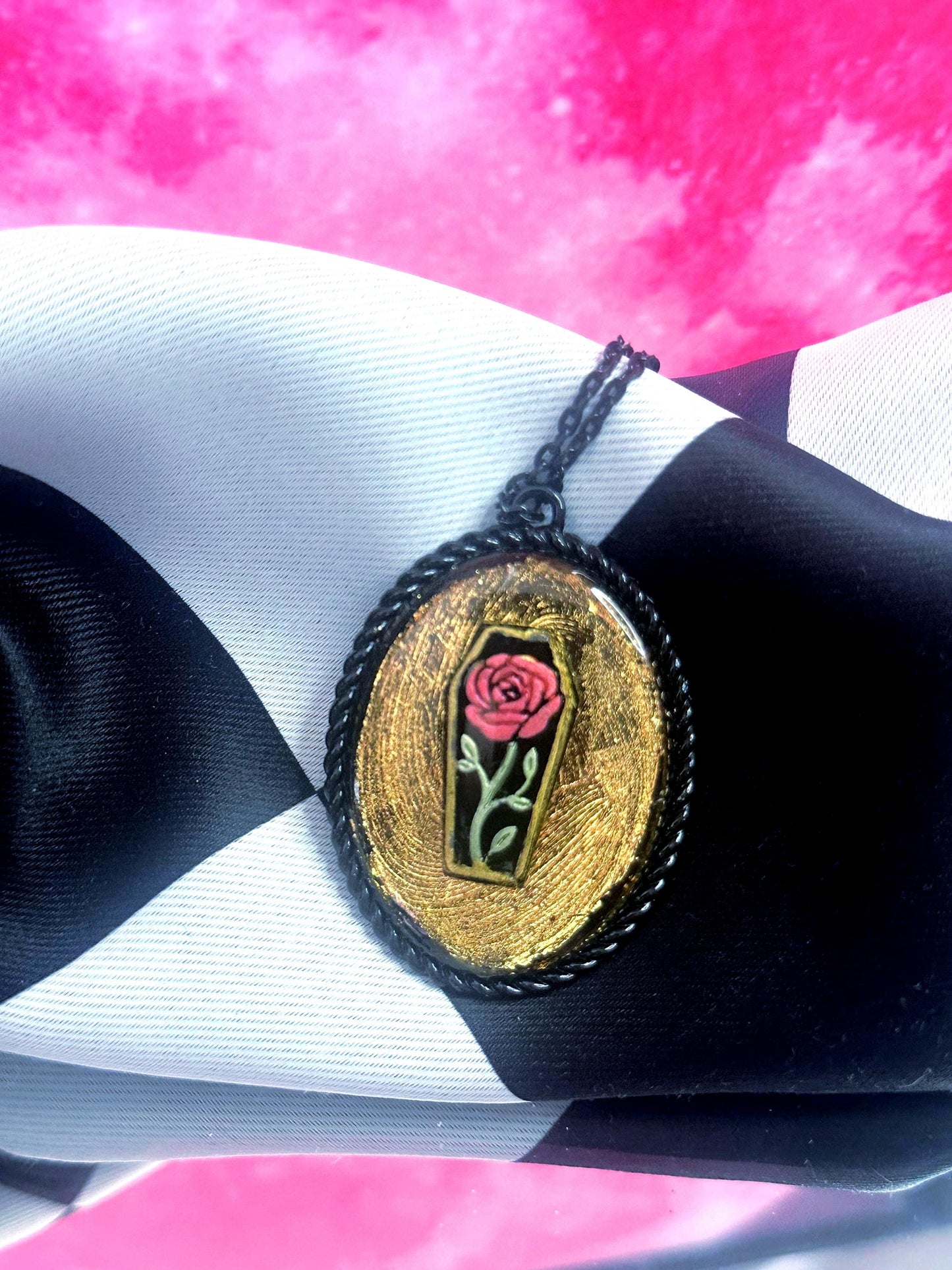 Coffin Rose Necklace — Gothic Relic Pendant, Gold Leaf and Hand Painted Wearable Art, One of a Kind Dark Romance Jewelry