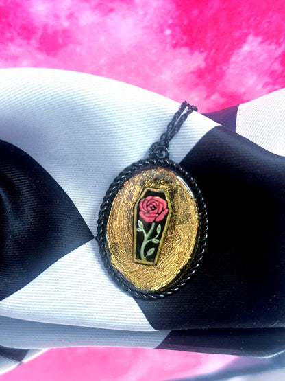 Coffin Rose Necklace — Gothic Relic Pendant, Gold Leaf and Hand Painted Wearable Art, One of a Kind Dark Romance Jewelry