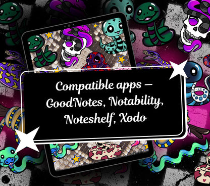 Kawaii Snake Digital Stickers, GoodNotes Stickers, Spooky iPad Stickers PNG, Gothic Digital Planner Stickers, Notability Stickers