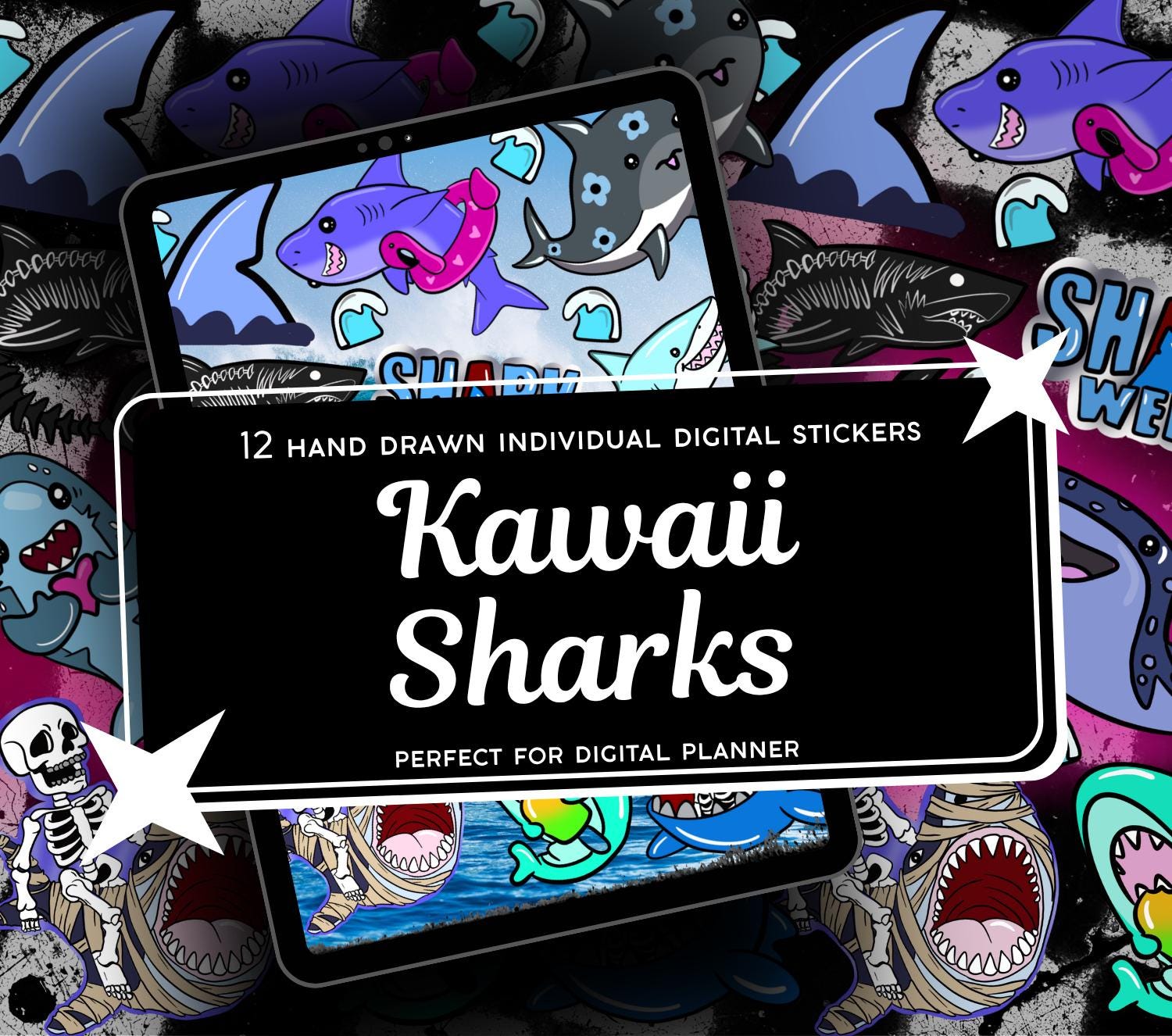 Kawaii Shark Digital Stickers, GoodNotes Stickers, Spooky iPad Stickers PNG, Gothic Digital Planner Stickers, Notability Stickers
