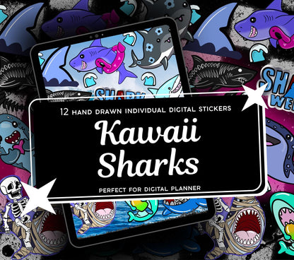 Kawaii Shark Digital Stickers, GoodNotes Stickers, Spooky iPad Stickers PNG, Gothic Digital Planner Stickers, Notability Stickers