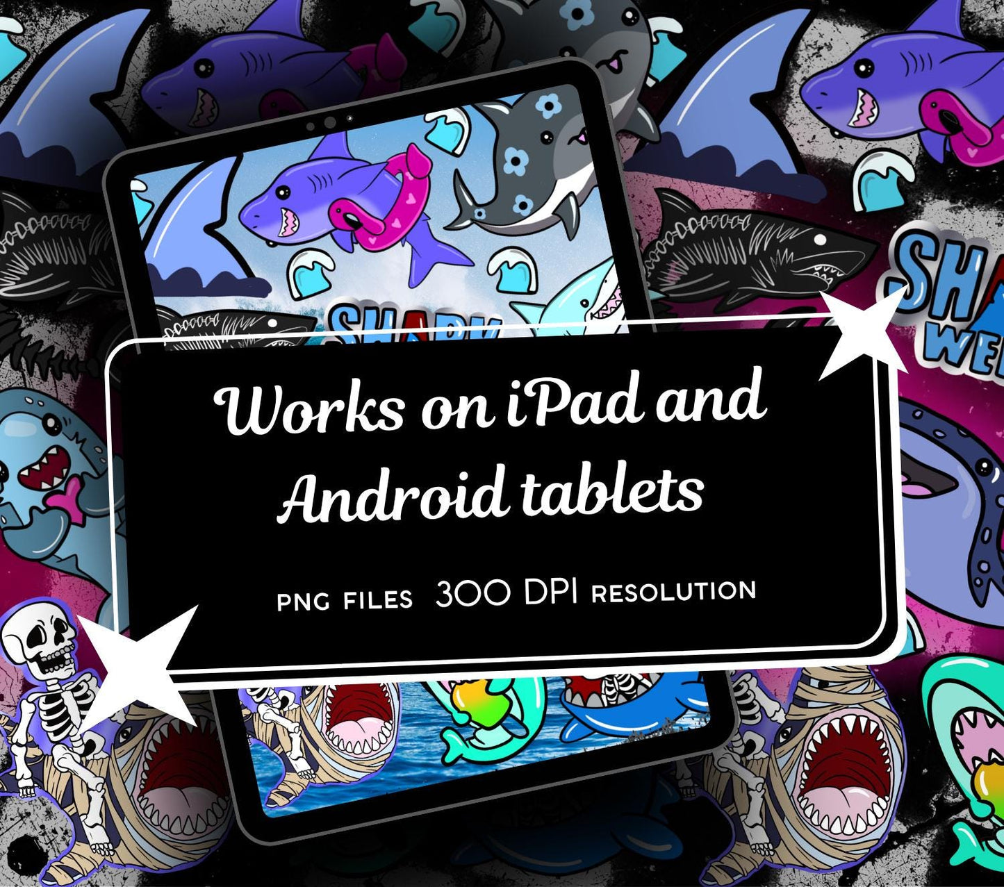Kawaii Shark Digital Stickers, GoodNotes Stickers, Spooky iPad Stickers PNG, Gothic Digital Planner Stickers, Notability Stickers