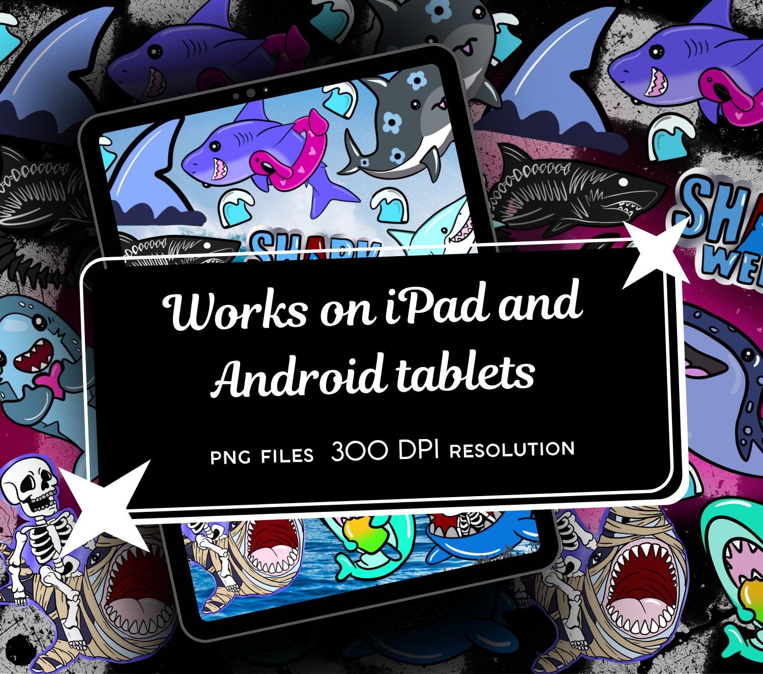 Kawaii Shark Digital Stickers, GoodNotes Stickers, Spooky iPad Stickers PNG, Gothic Digital Planner Stickers, Notability Stickers