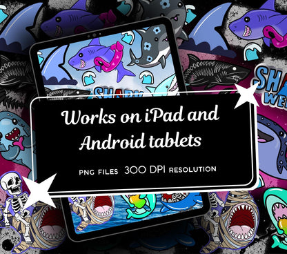 Kawaii Shark Digital Stickers, GoodNotes Stickers, Spooky iPad Stickers PNG, Gothic Digital Planner Stickers, Notability Stickers