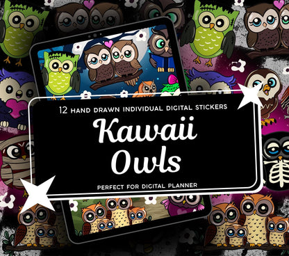 Kawaii Owl Digital Stickers, GoodNotes Stickers, Spooky iPad Stickers PNG, Gothic Digital Planner Stickers, Notability Stickers