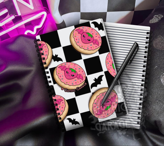 Bat Sugar Cookie Spiral Notebook - Strawberry Halloween Checkerboard Lined Journal - 6.5" x 8.25" Handmade Notebook