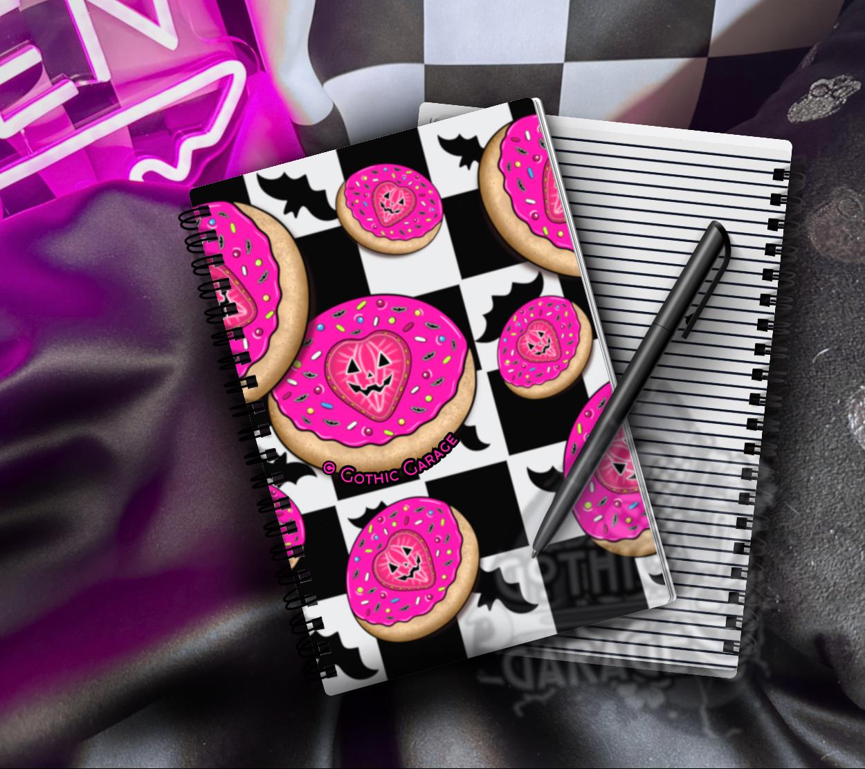 Strawberry Jack O Lantern Sugar Cookie Spiral Notebook - Pink Halloween Checkerboard Lined Journal - 6.5" x 8.25"