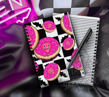 Strawberry Jack O Lantern Sugar Cookie Spiral Notebook - Pink Halloween Checkerboard Lined Journal - 6.5" x 8.25"