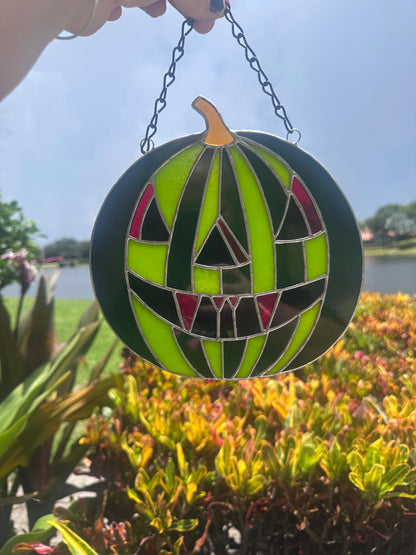 Summerween Watermelon Stained Glass Suncatcher | Spooky Jack O Lantern Home Decor