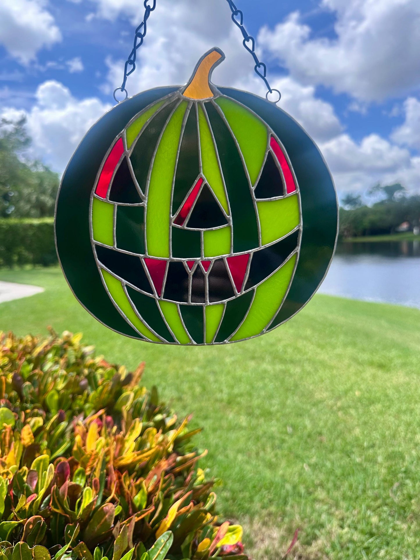 Summerween Watermelon Stained Glass Suncatcher | Spooky Jack O Lantern Home Decor