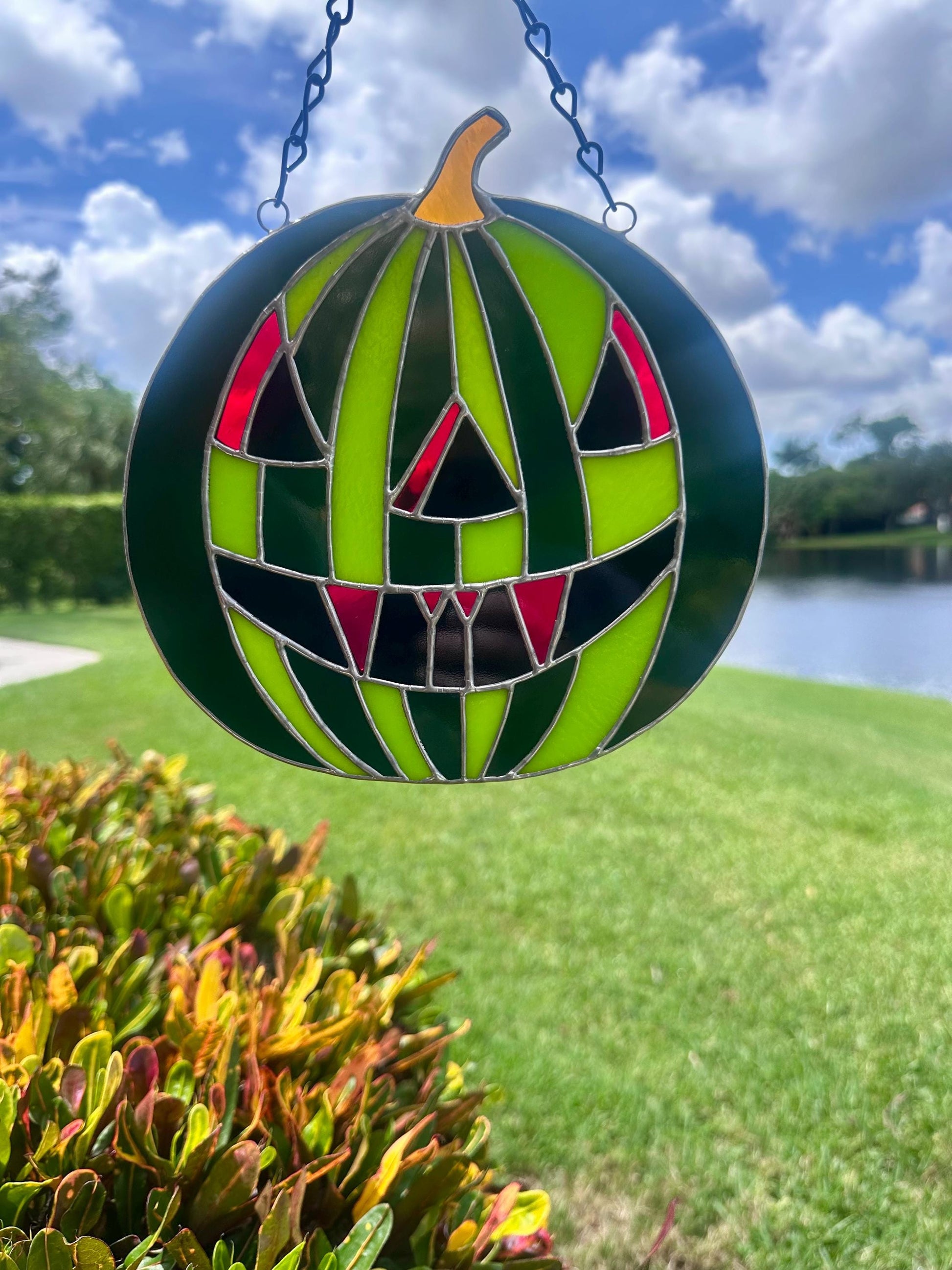 Summerween Watermelon Stained Glass Suncatcher | Spooky Jack O Lantern Home Decor