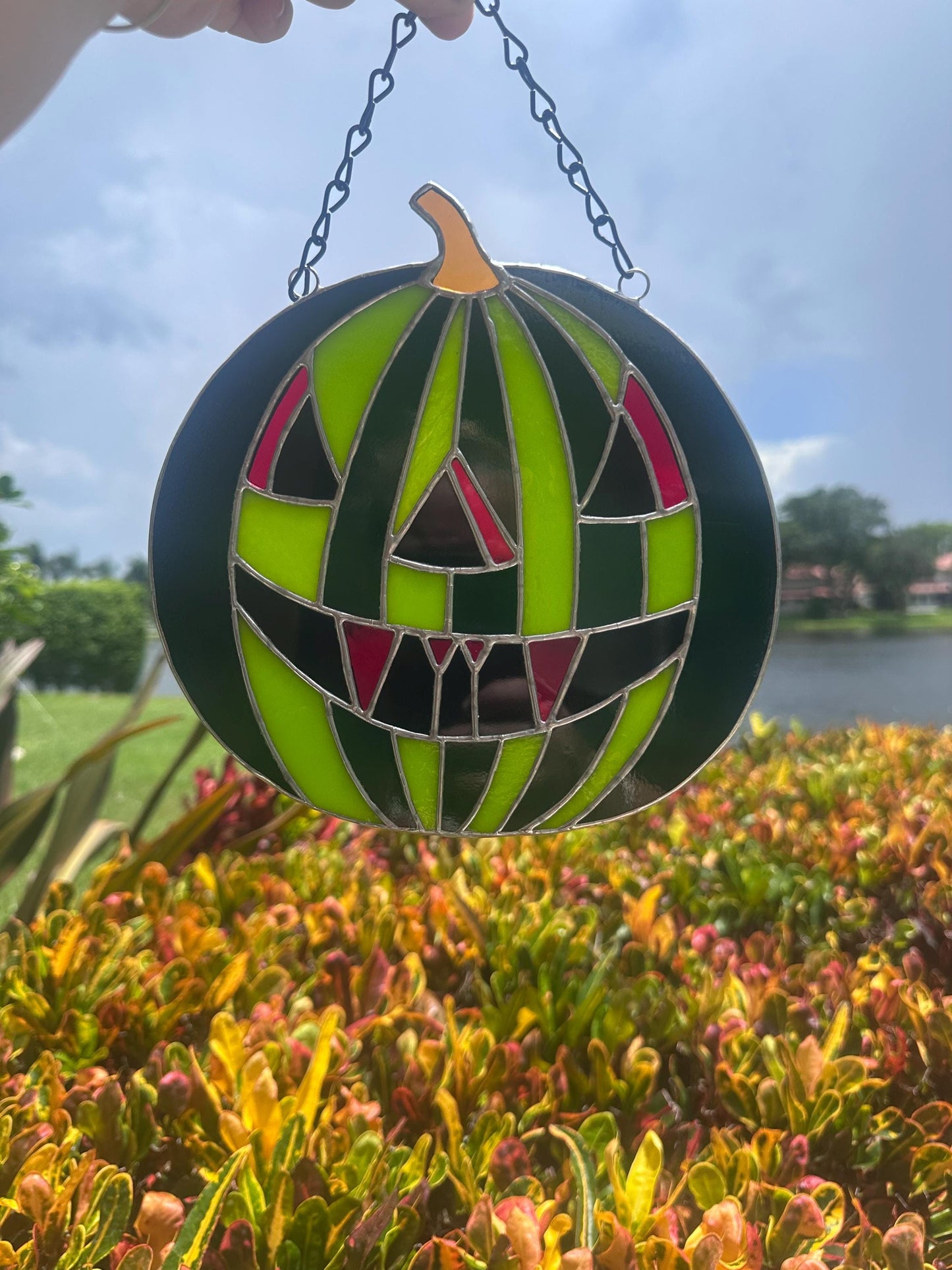 Summerween Watermelon Stained Glass Suncatcher | Spooky Jack O Lantern Home Decor