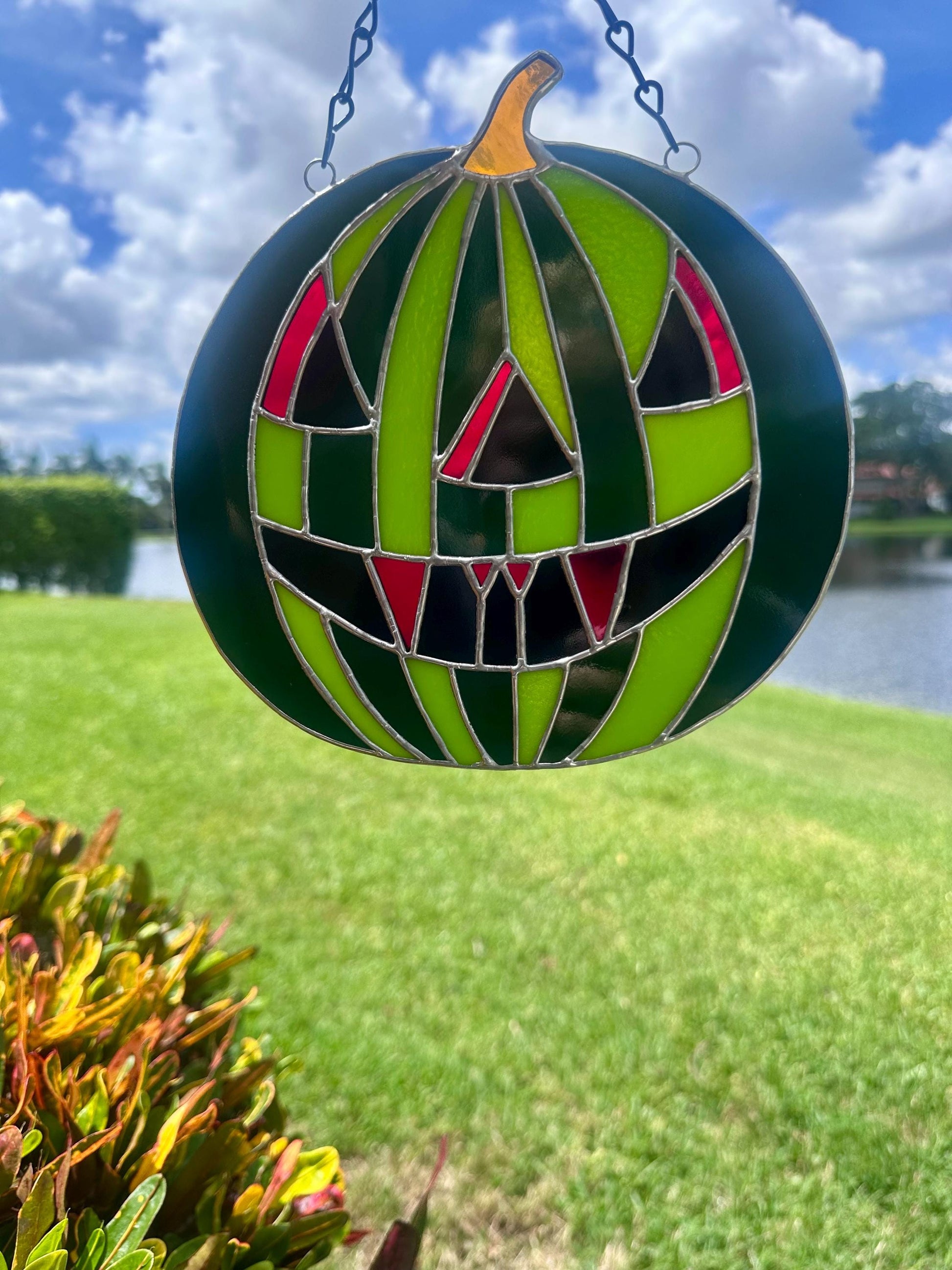 Summerween Watermelon Stained Glass Suncatcher | Spooky Jack O Lantern Home Decor