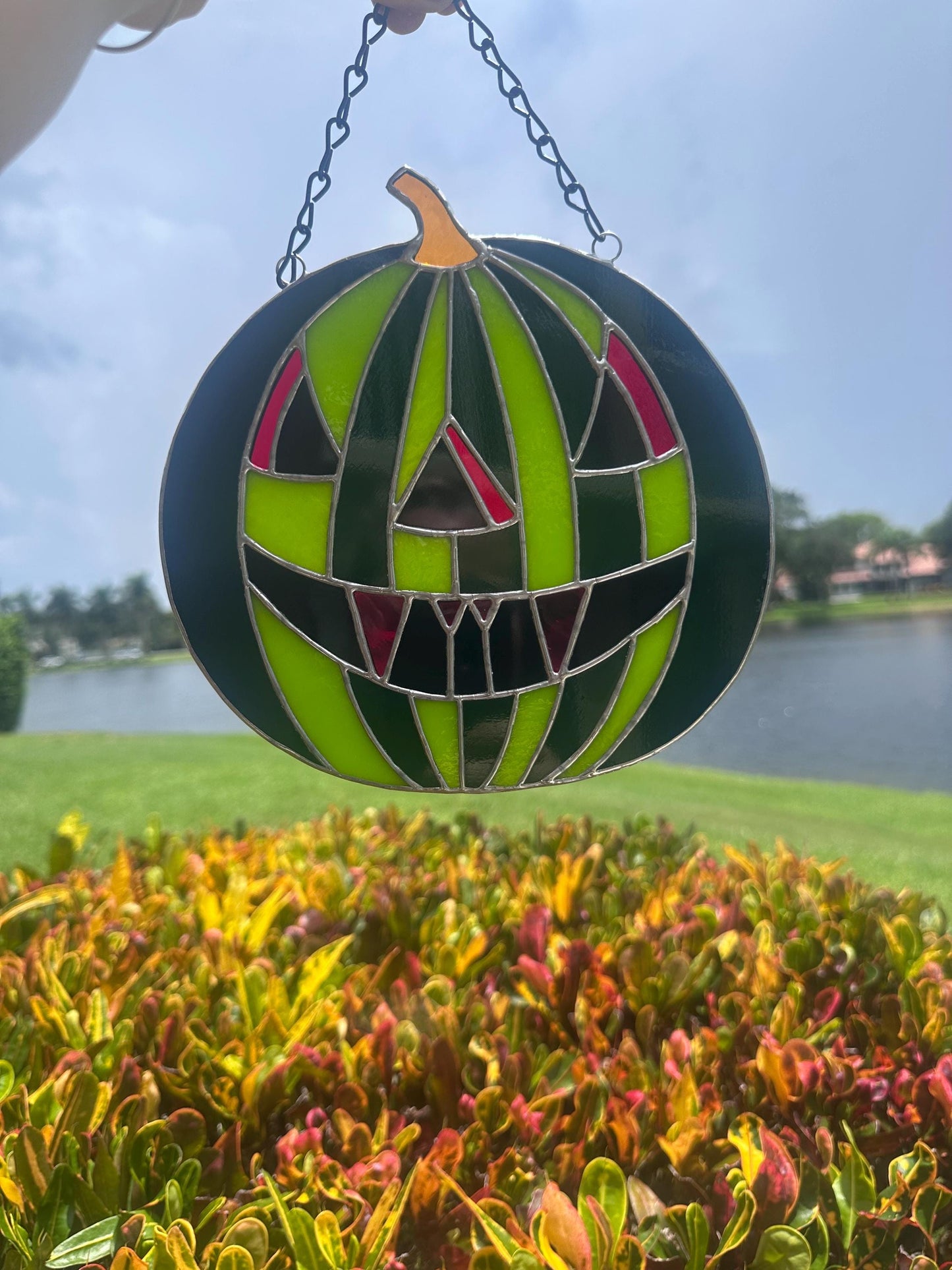 Summerween Watermelon Stained Glass Suncatcher | Spooky Jack O Lantern Home Decor