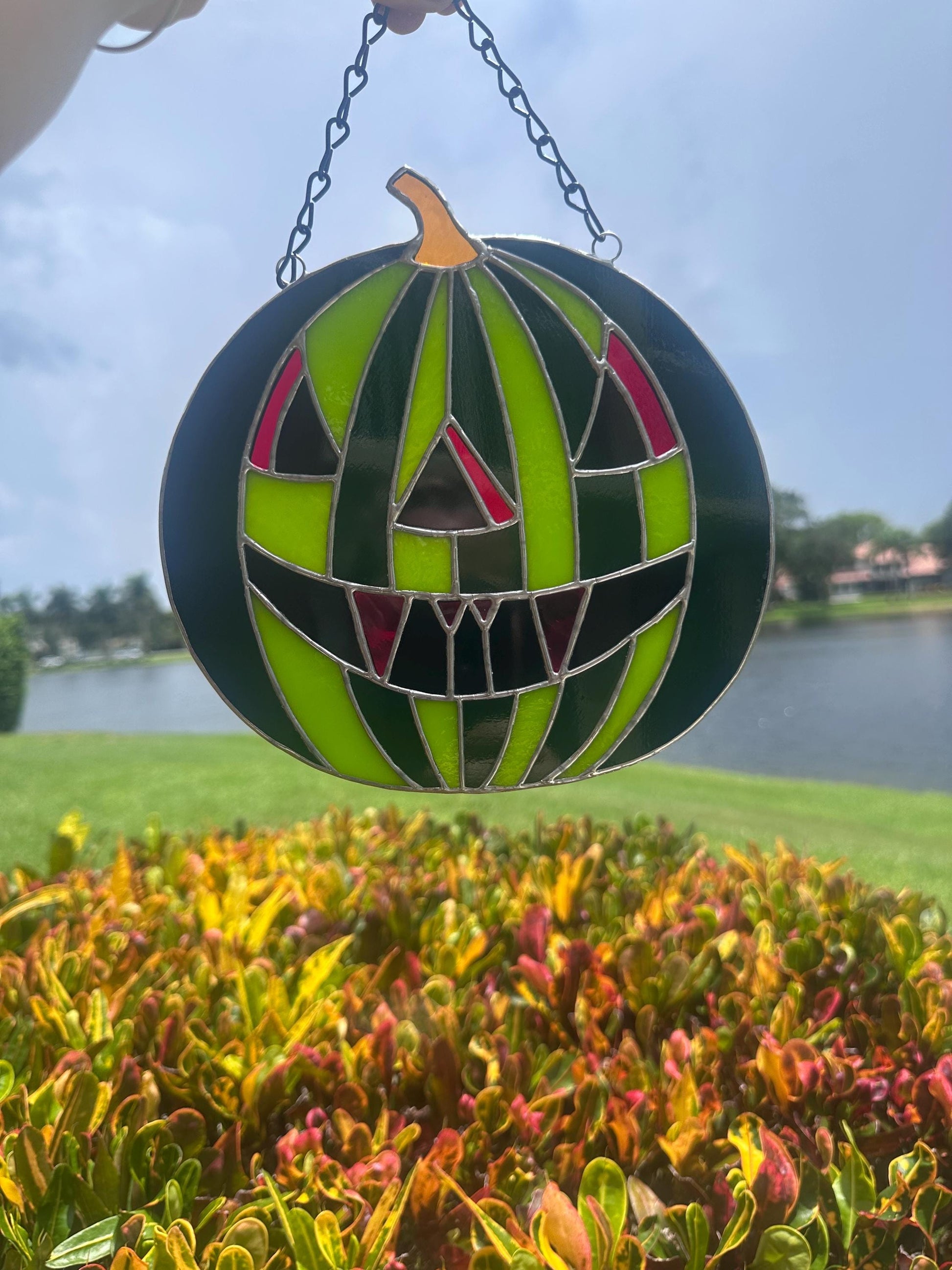 Summerween Watermelon Stained Glass Suncatcher | Spooky Jack O Lantern Home Decor
