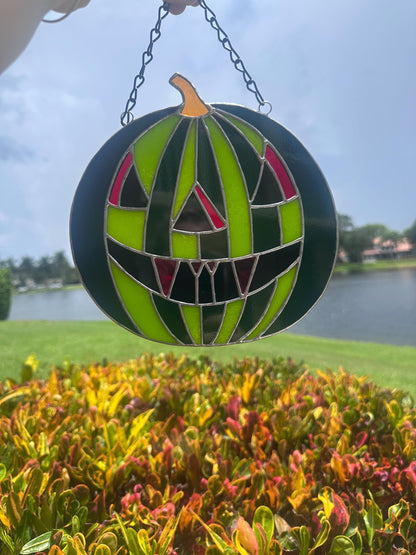 Summerween Watermelon Stained Glass Suncatcher | Spooky Jack O Lantern Home Decor