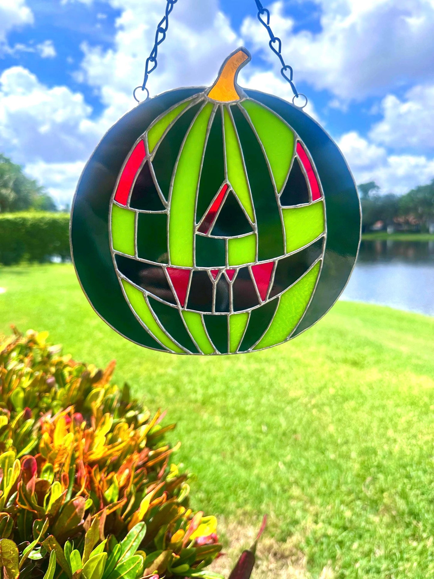 Summerween Watermelon Stained Glass Suncatcher | Spooky Jack O Lantern Home Decor
