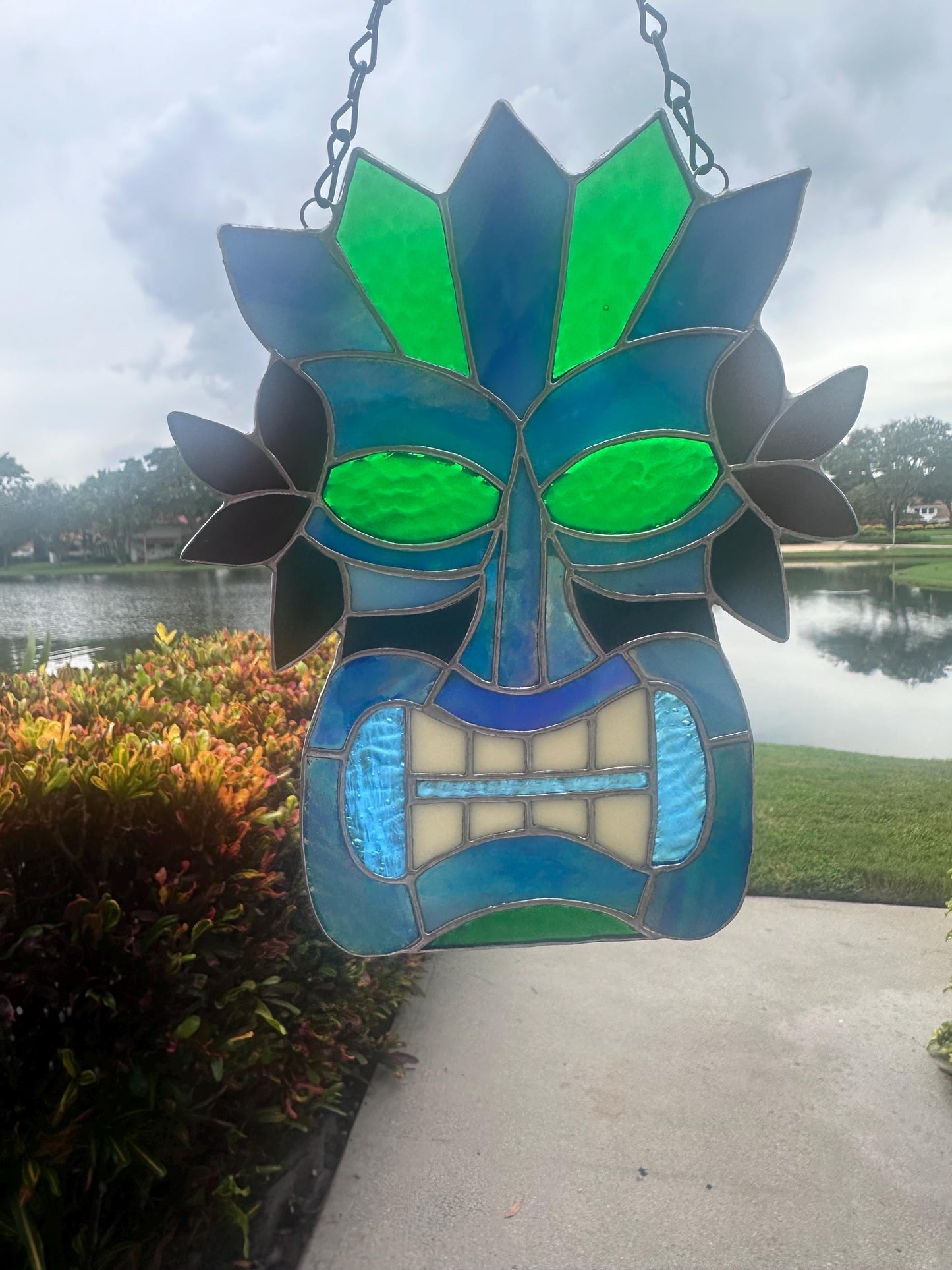Retro Tiki Mask Stained Glass Suncatcher | Tropical Bar Decor & Home Decor