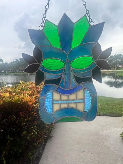 Retro Tiki Mask Stained Glass Suncatcher | Tropical Bar Decor & Home Decor
