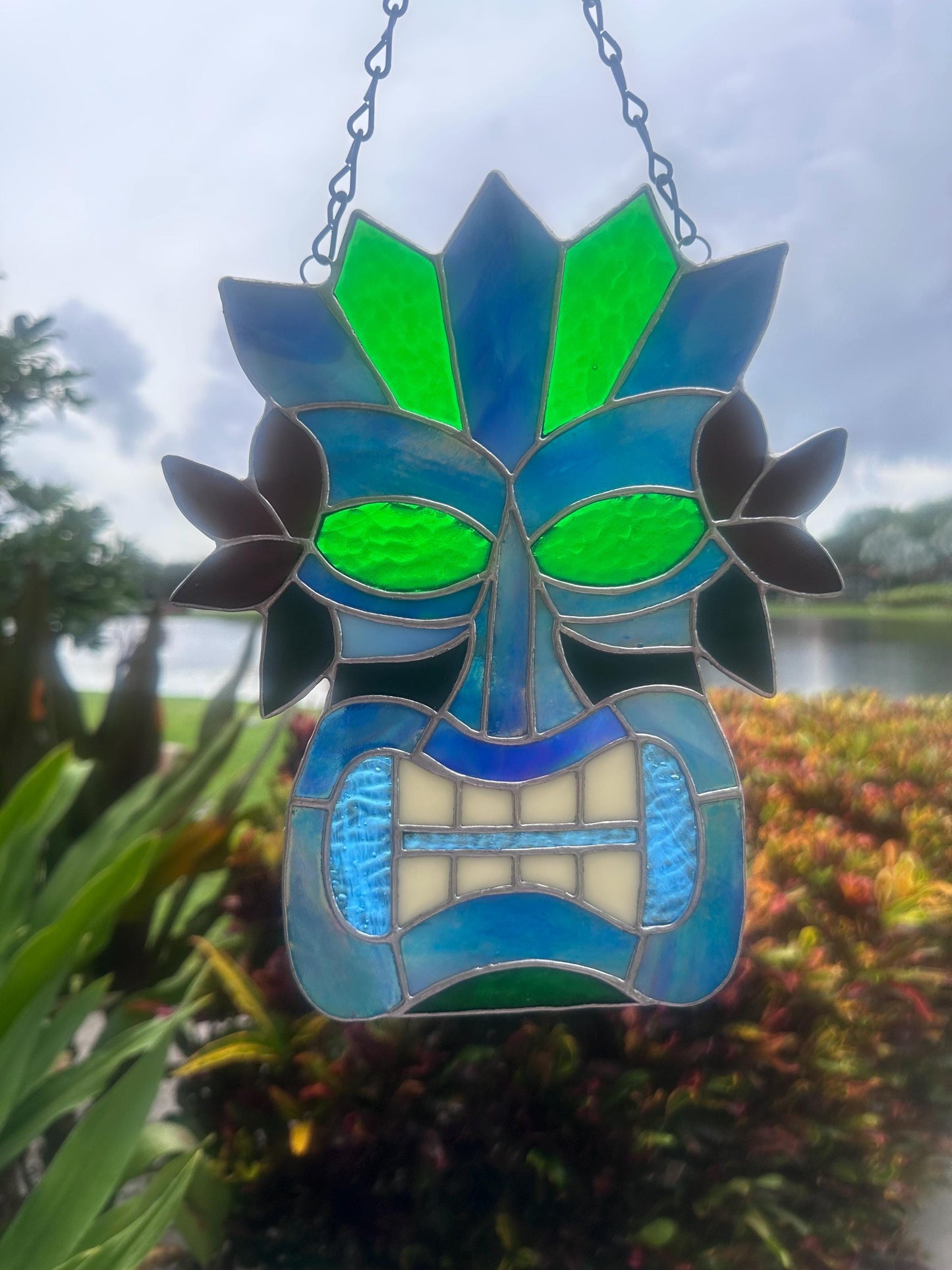 Retro Tiki Mask Stained Glass Suncatcher | Tropical Bar Decor & Home Decor