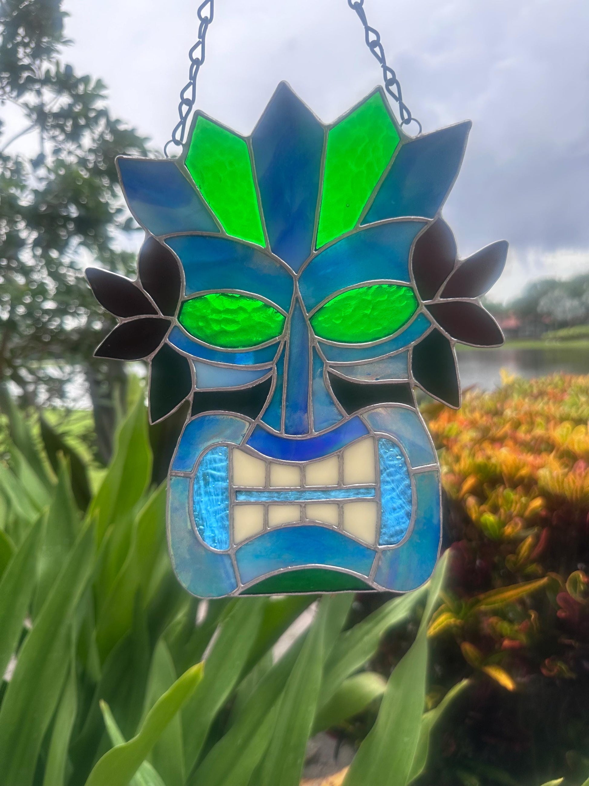 Retro Tiki Mask Stained Glass Suncatcher | Tropical Bar Decor & Home Decor