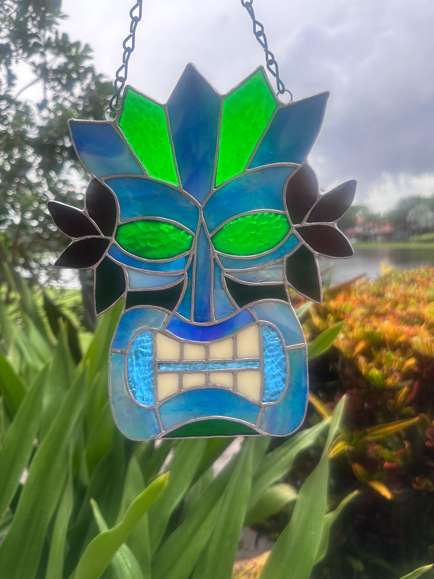 Retro Tiki Mask Stained Glass Suncatcher | Tropical Bar Decor & Home Decor
