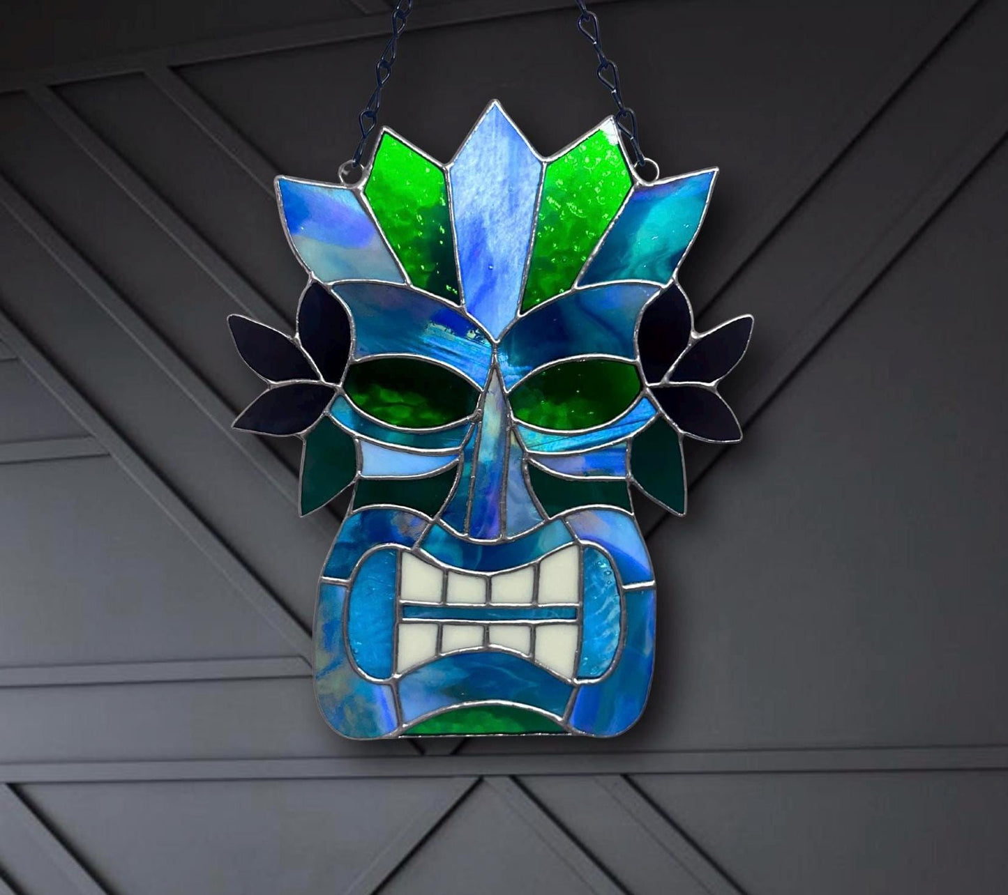 Retro Tiki Mask Stained Glass Suncatcher | Tropical Bar Decor & Home Decor