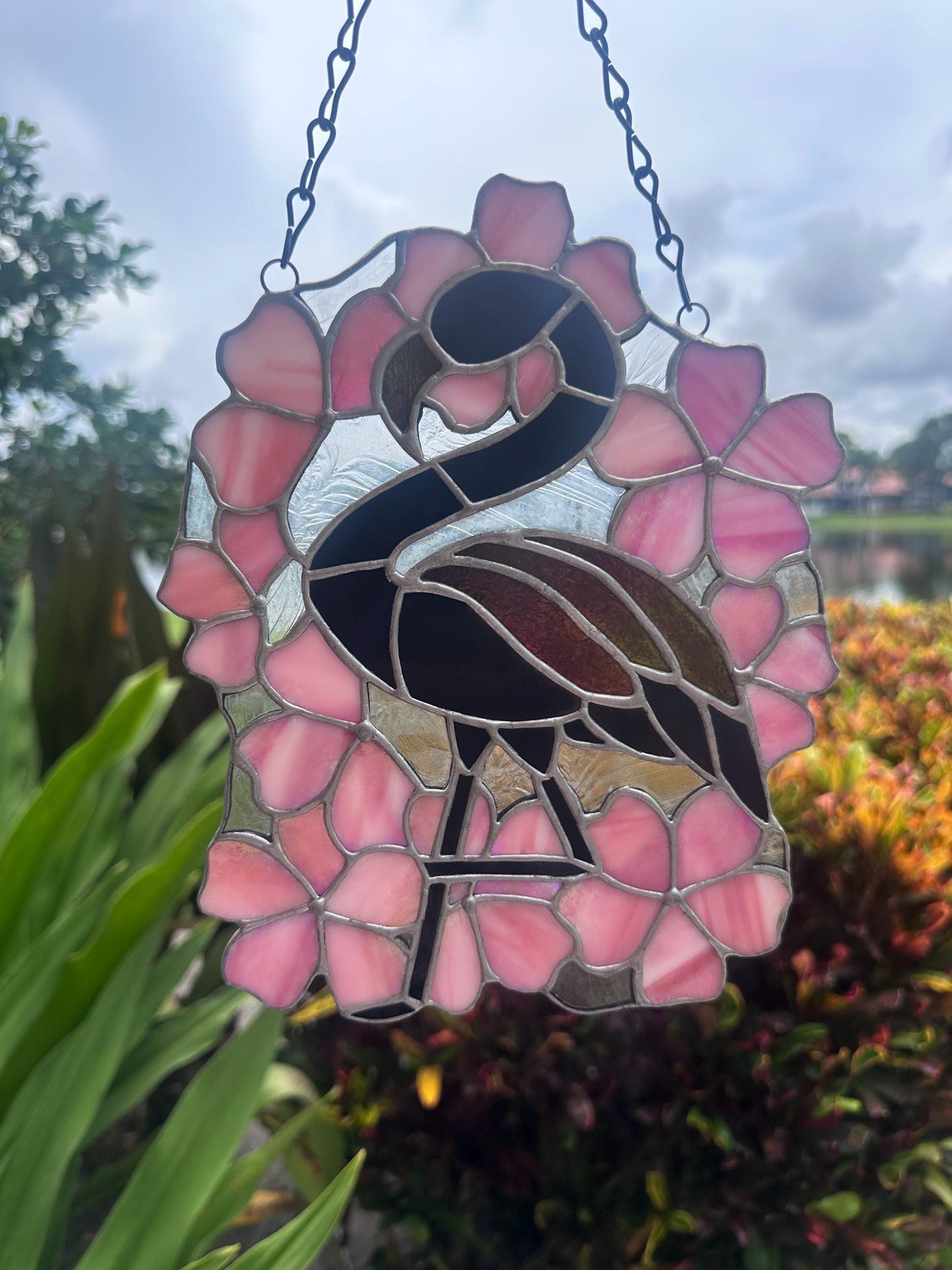 Black Flamingo & Cherry Blossom Stained Glass Suncatcher, Gothic Tropical Home Decor