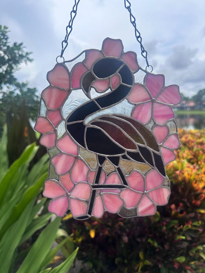 Black Flamingo & Cherry Blossom Stained Glass Suncatcher, Gothic Tropical Home Decor