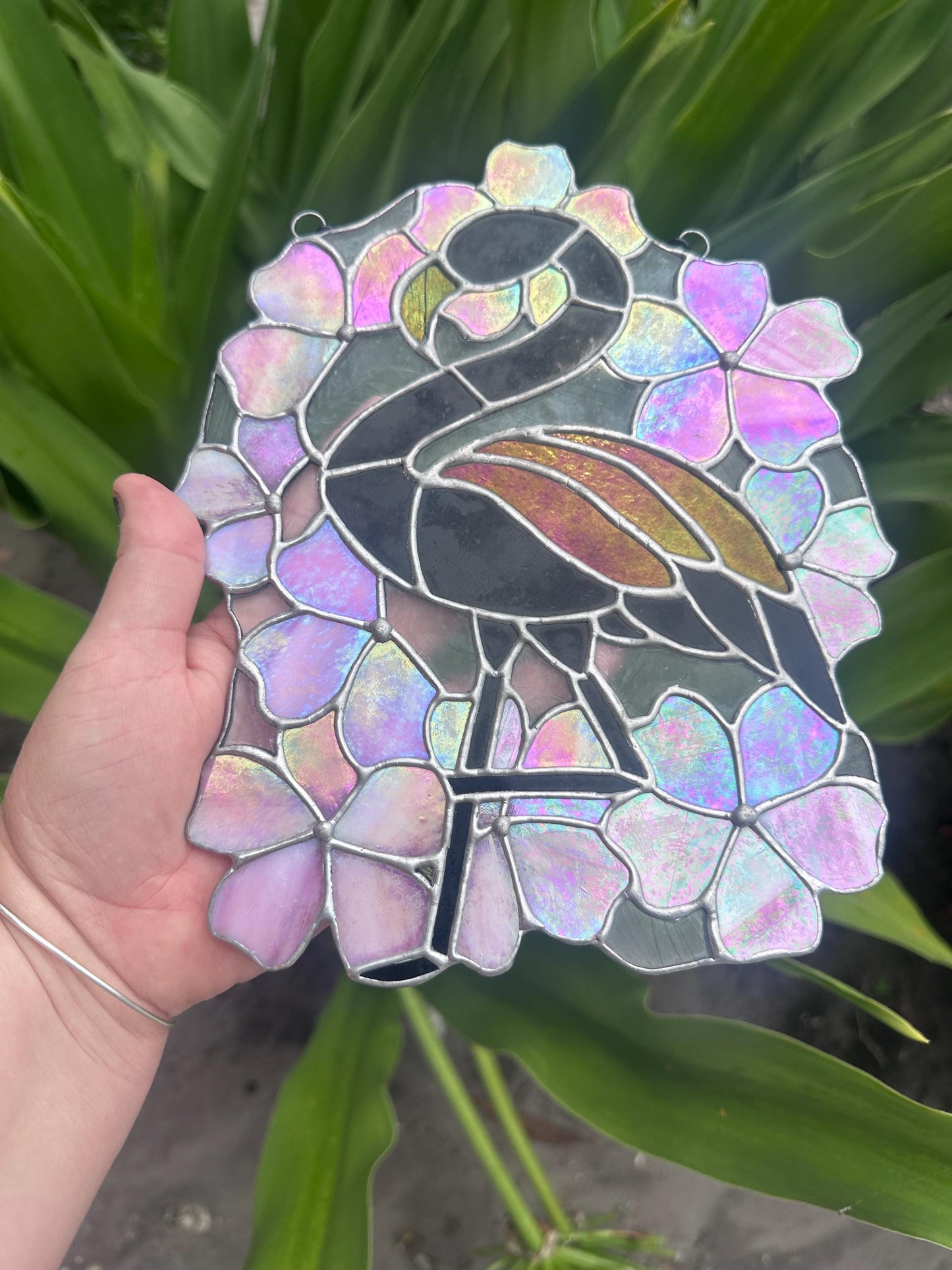 Black Flamingo & Cherry Blossom Stained Glass Suncatcher, Gothic Tropical Home Decor