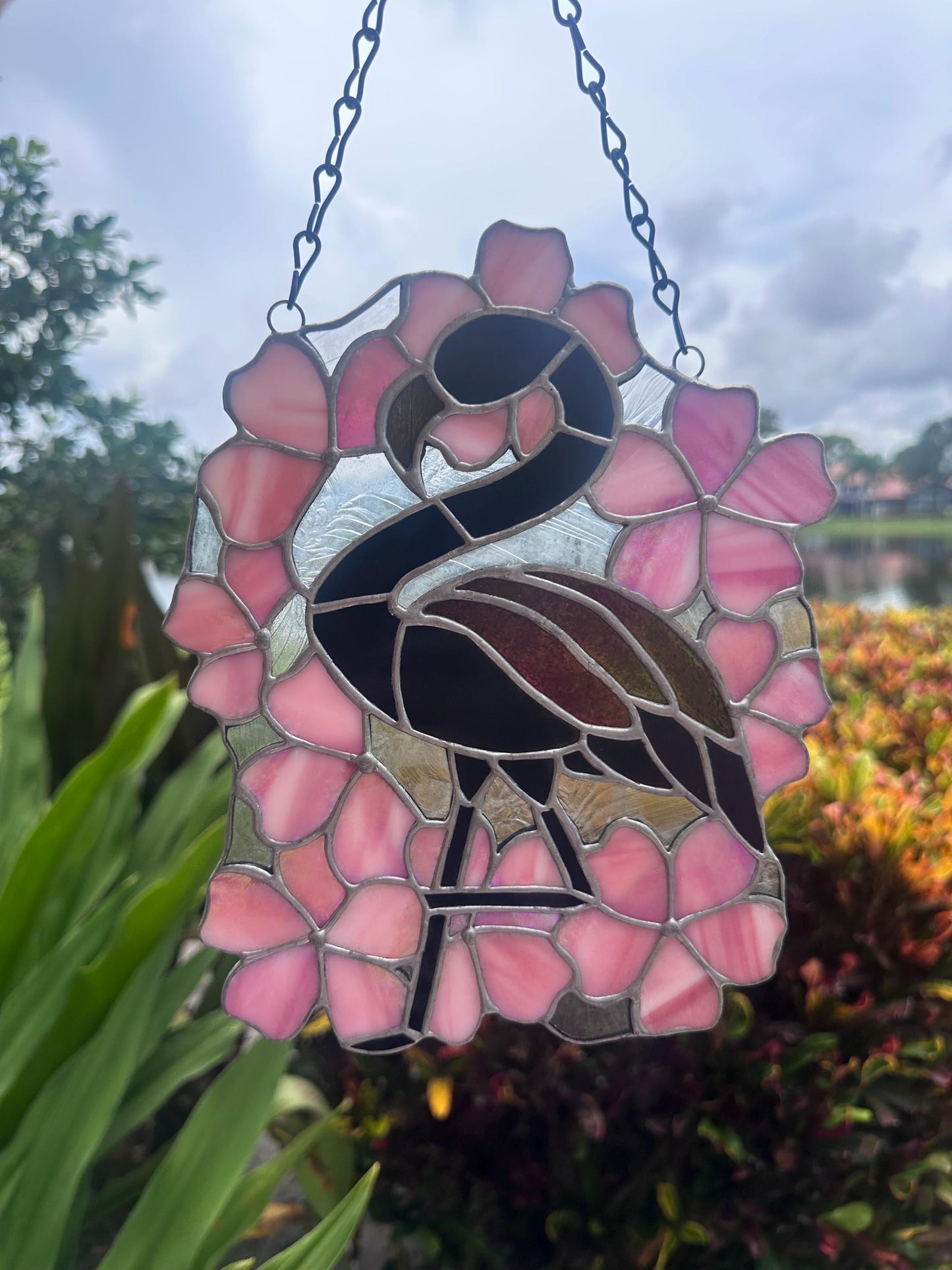 Black Flamingo & Cherry Blossom Stained Glass Suncatcher, Gothic Tropical Home Decor