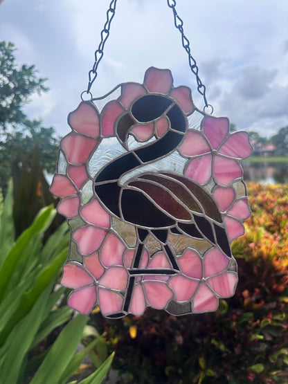Black Flamingo & Cherry Blossom Stained Glass Suncatcher, Gothic Tropical Home Decor