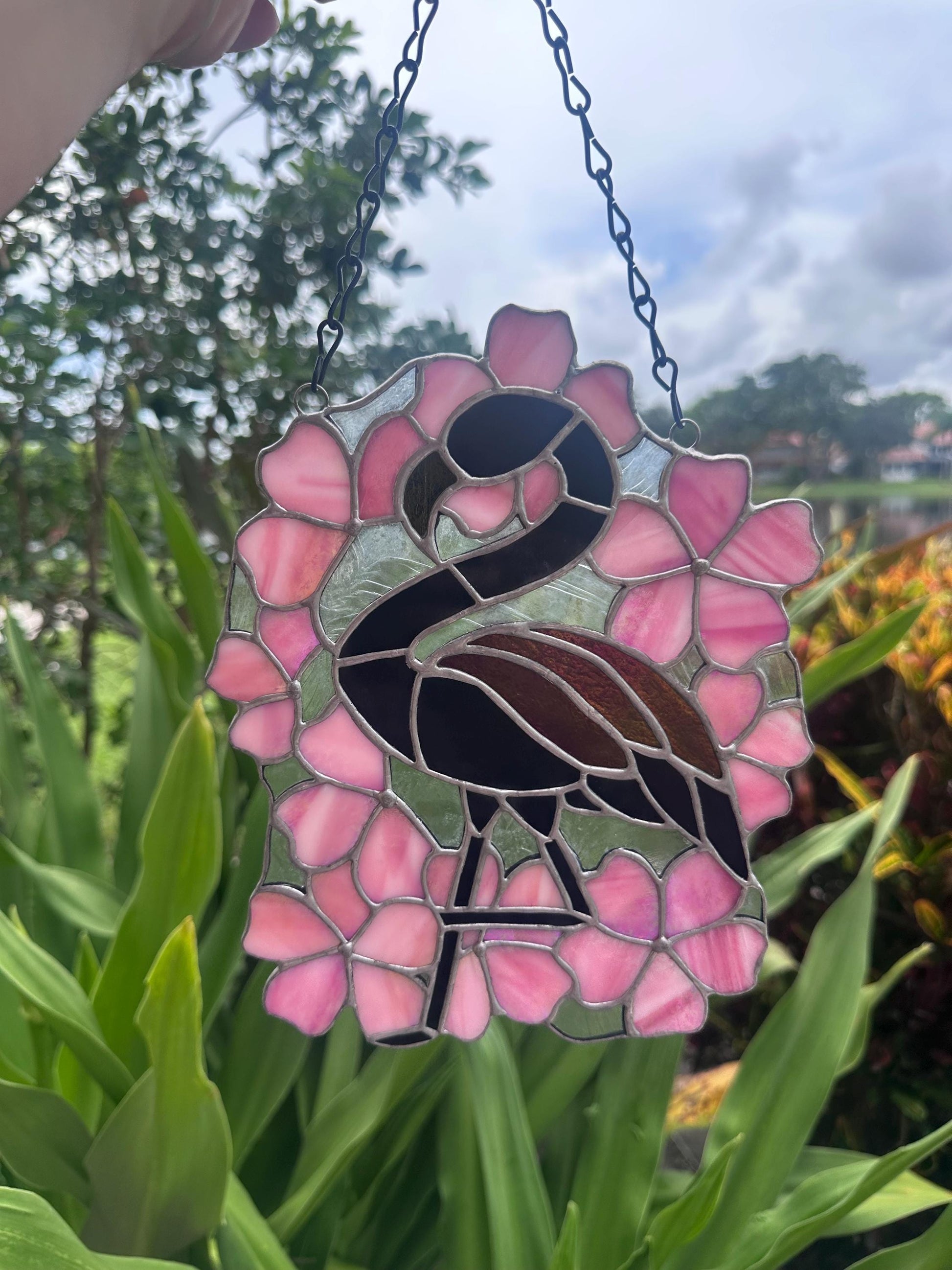 Black Flamingo & Cherry Blossom Stained Glass Suncatcher, Gothic Tropical Home Decor