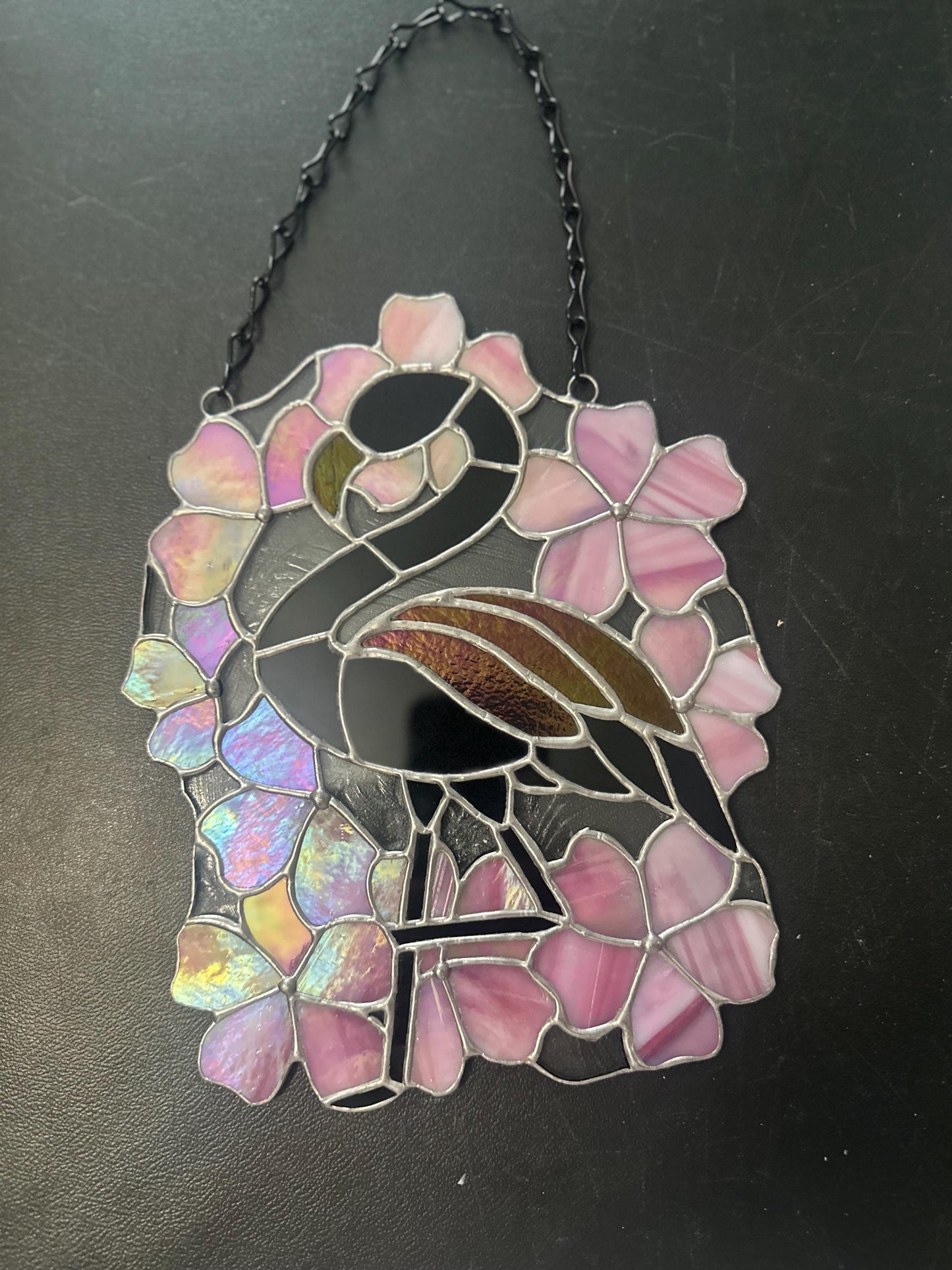 Black Flamingo & Cherry Blossom Stained Glass Suncatcher, Gothic Tropical Home Decor