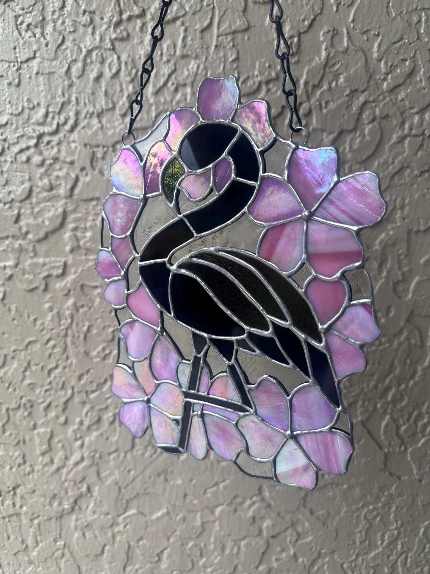 Black Flamingo & Cherry Blossom Stained Glass Suncatcher, Gothic Tropical Home Decor