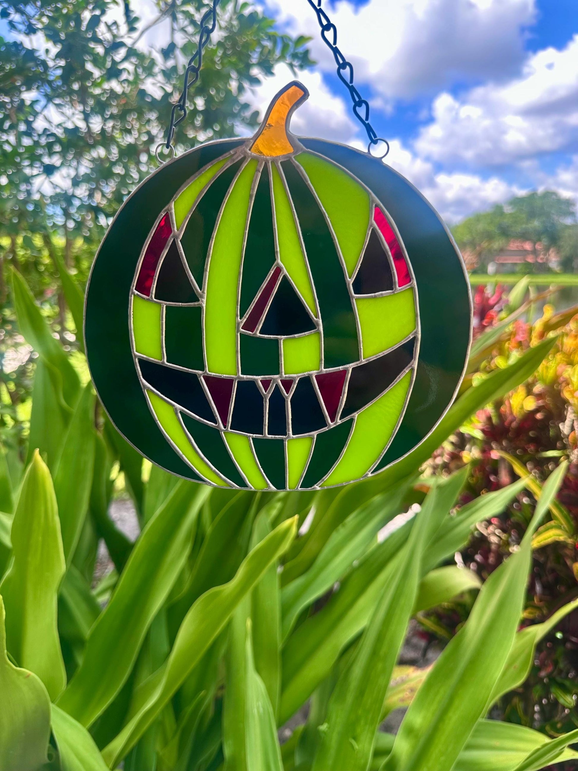 Summerween Watermelon Stained Glass Suncatcher | Spooky Jack O Lantern Home Decor