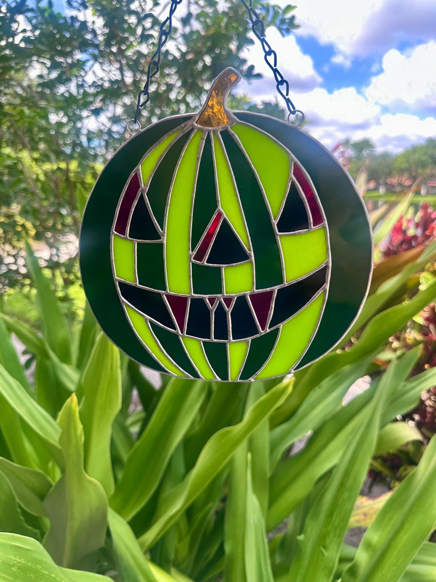Summerween Watermelon Stained Glass Suncatcher | Spooky Jack O Lantern Home Decor