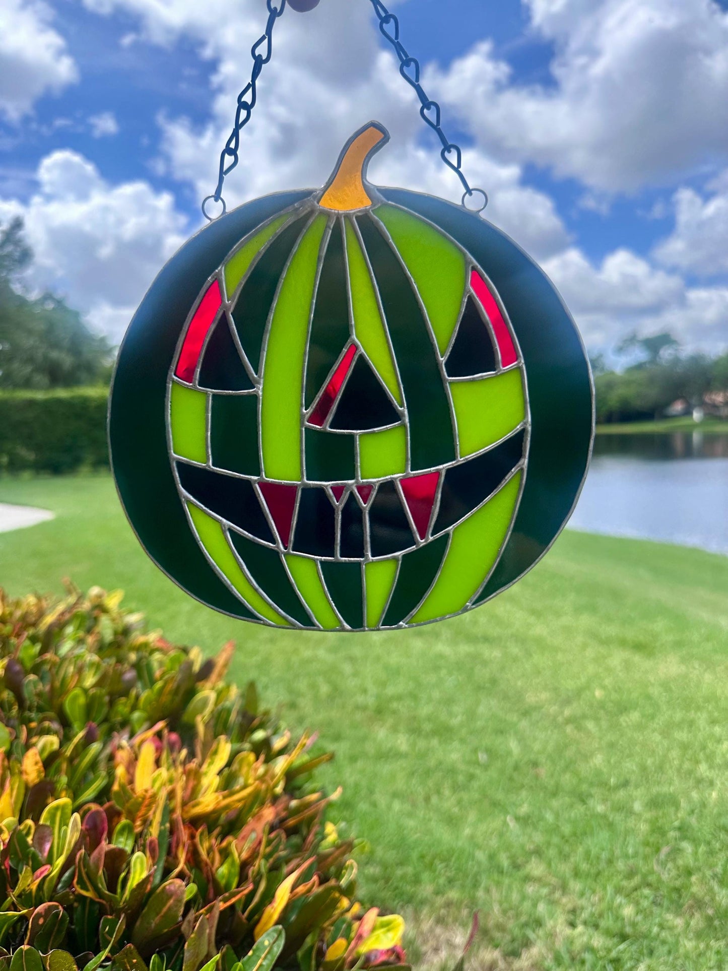 Summerween Watermelon Stained Glass Suncatcher | Spooky Jack O Lantern Home Decor