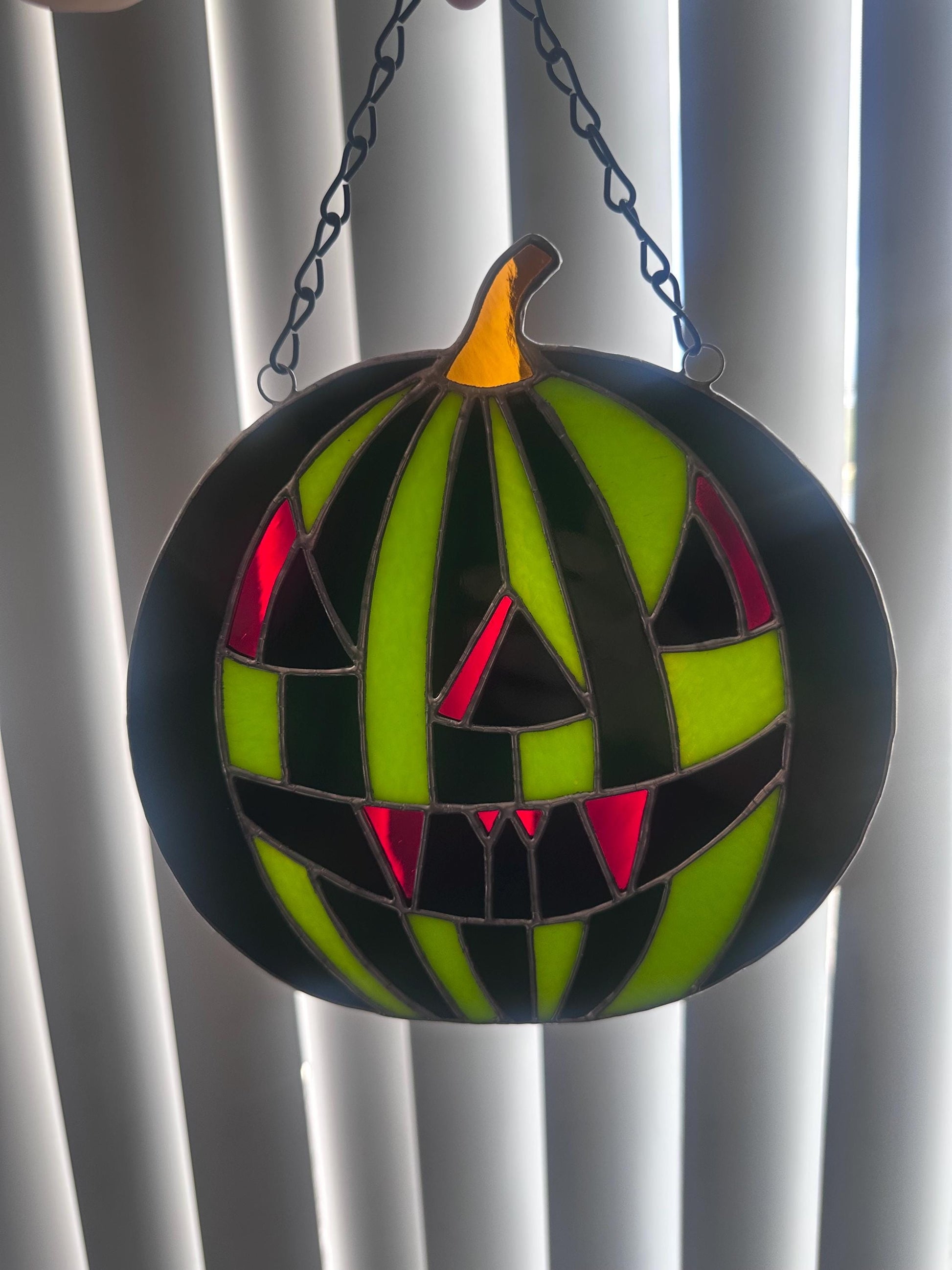 Summerween Watermelon Stained Glass Suncatcher | Spooky Jack O Lantern Home Decor