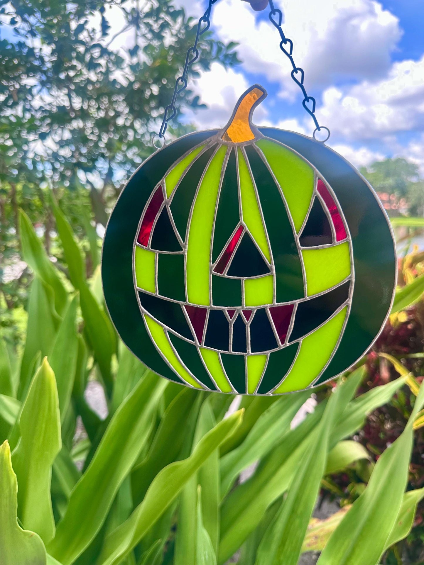 Summerween Watermelon Stained Glass Suncatcher | Spooky Jack O Lantern Home Decor