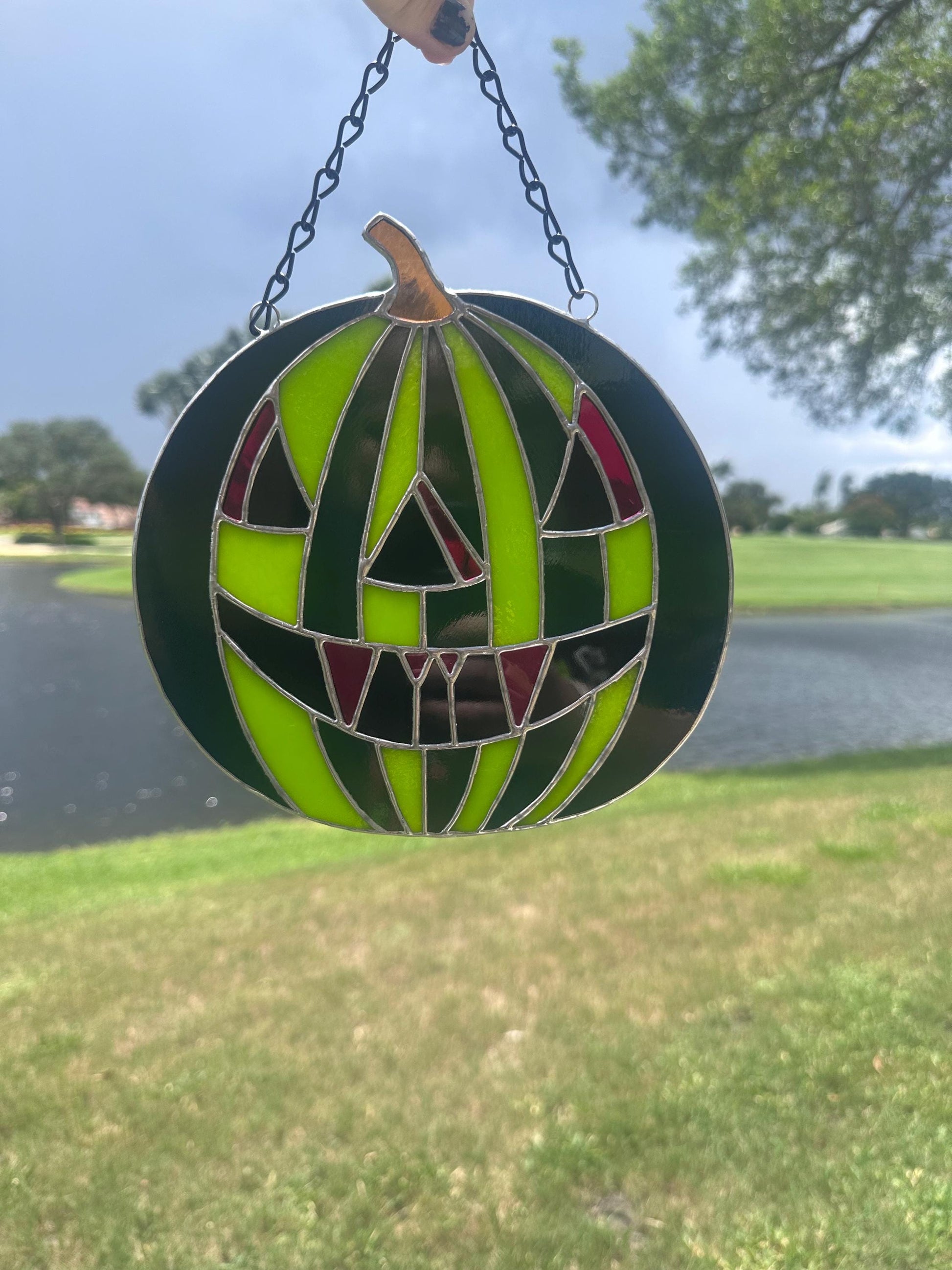 Summerween Watermelon Stained Glass Suncatcher | Spooky Jack O Lantern Home Decor