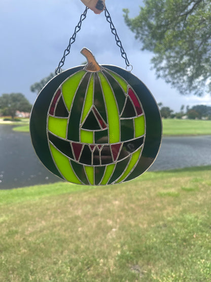 Summerween Watermelon Stained Glass Suncatcher | Spooky Jack O Lantern Home Decor