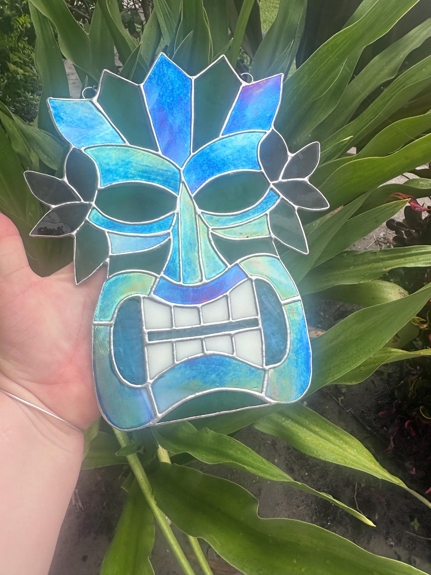 Retro Tiki Mask Stained Glass Suncatcher | Tropical Bar Decor & Home Decor