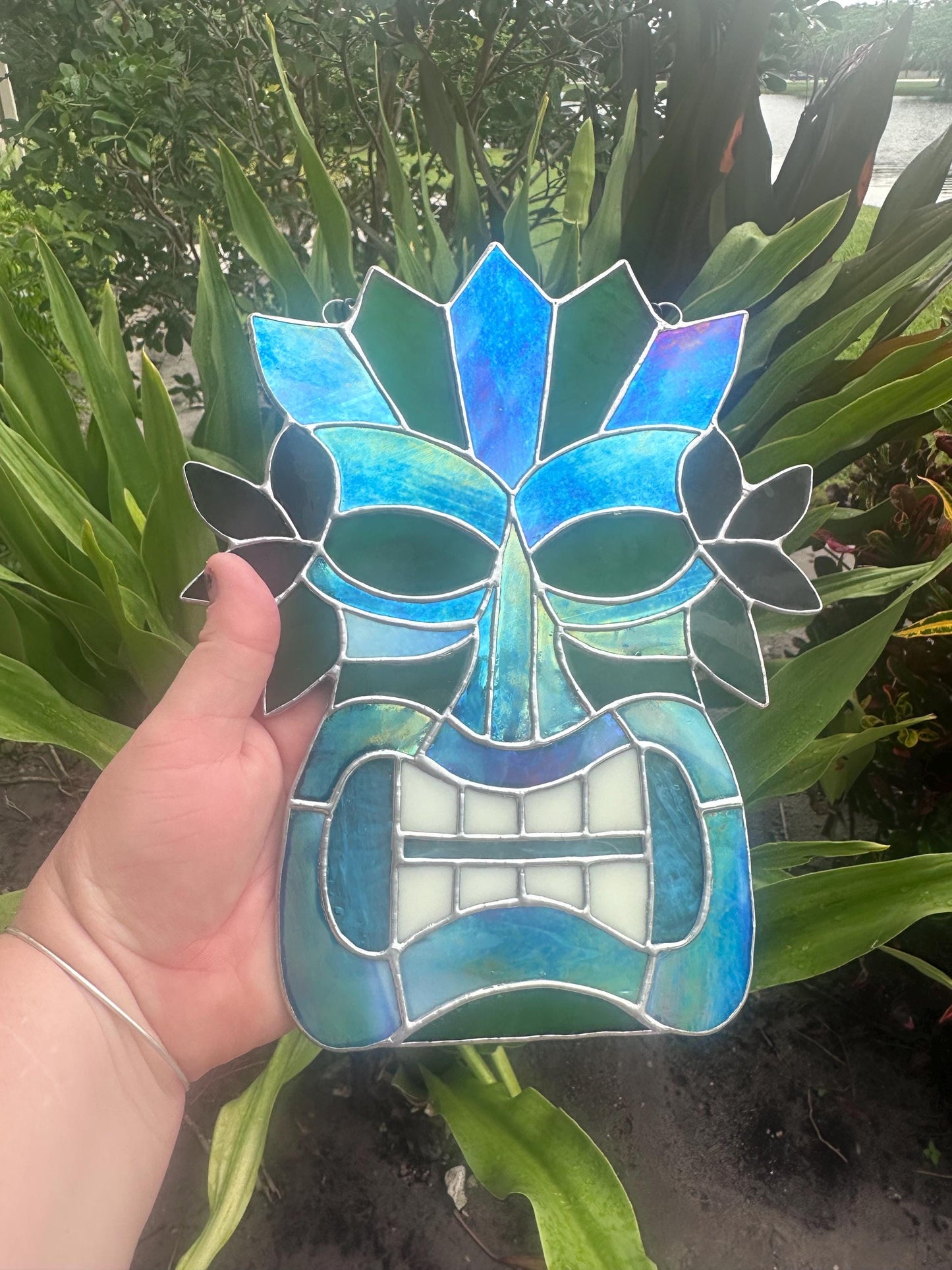 Retro Tiki Mask Stained Glass Suncatcher | Tropical Bar Decor & Home Decor