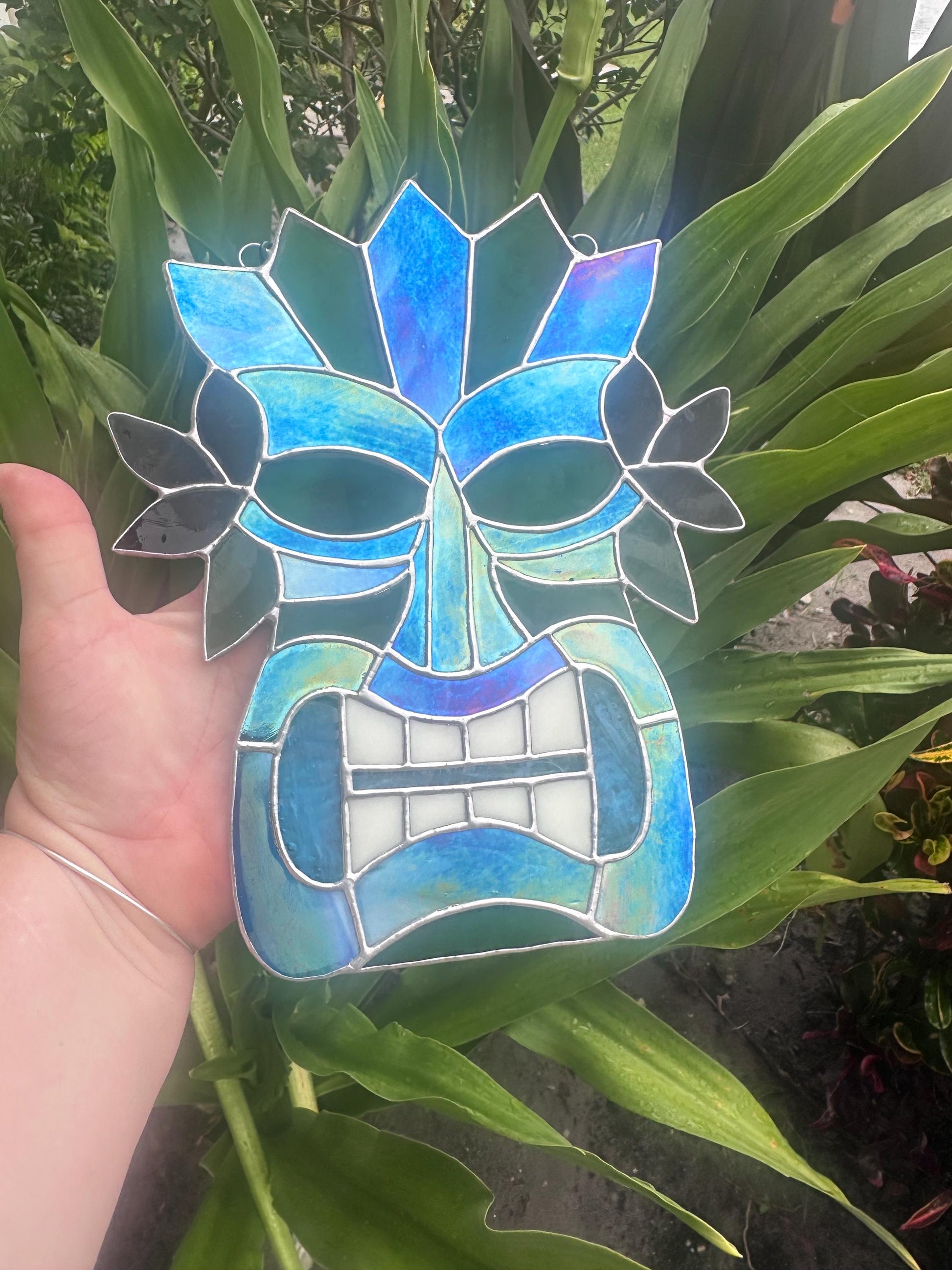 Retro Tiki Mask Stained Glass Suncatcher | Tropical Bar Decor & Home Decor