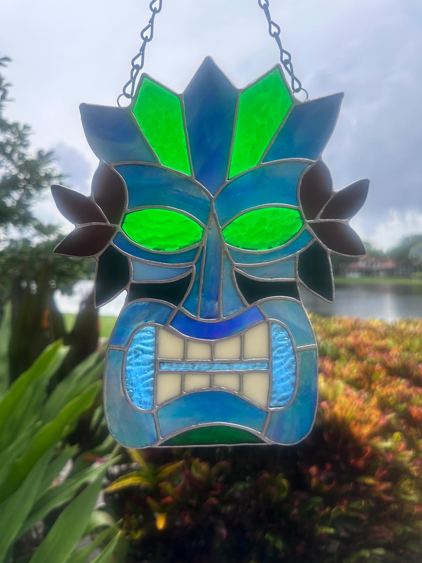 Retro Tiki Mask Stained Glass Suncatcher | Tropical Bar Decor & Home Decor