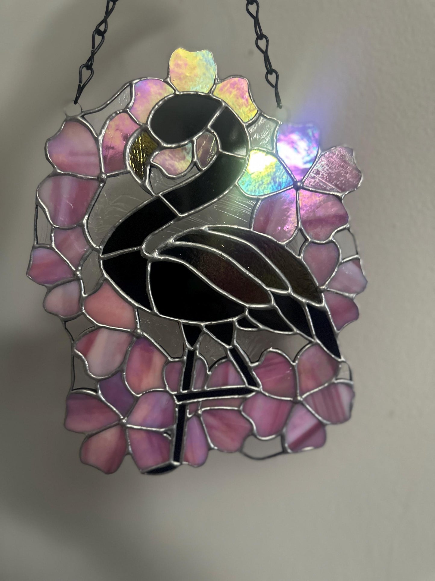 Black Flamingo & Cherry Blossom Stained Glass Suncatcher, Gothic Tropical Home Decor