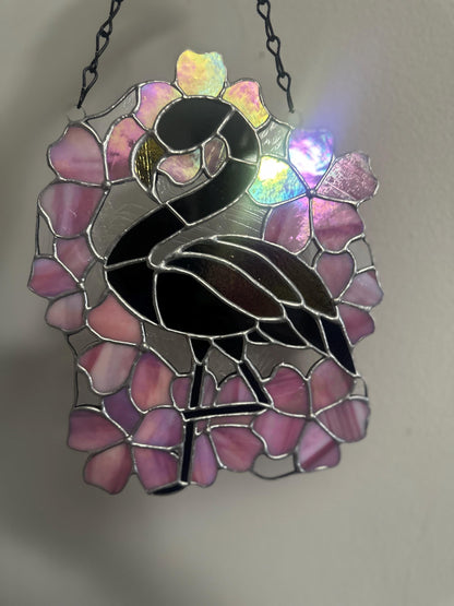 Black Flamingo & Cherry Blossom Stained Glass Suncatcher, Gothic Tropical Home Decor